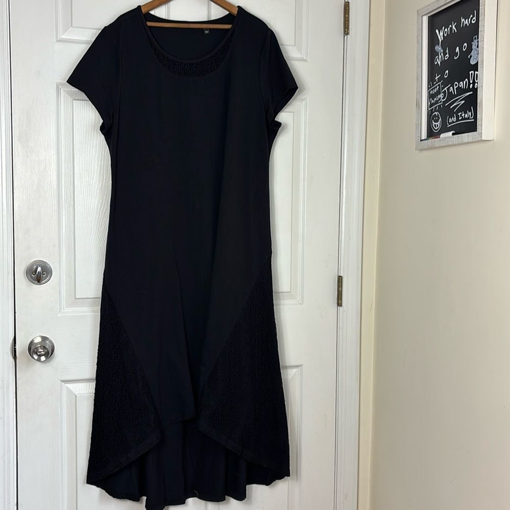 H by HALSTON black short sleeve maxi dress lace panels size XL  cotton viscose